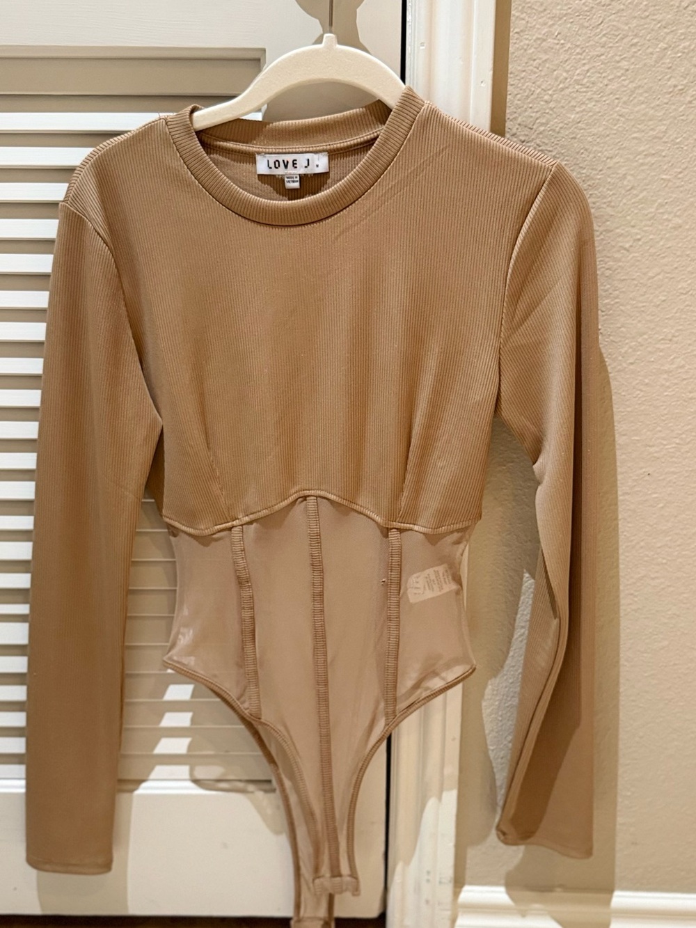Love J Tan Ribbed Crew Neck Top
